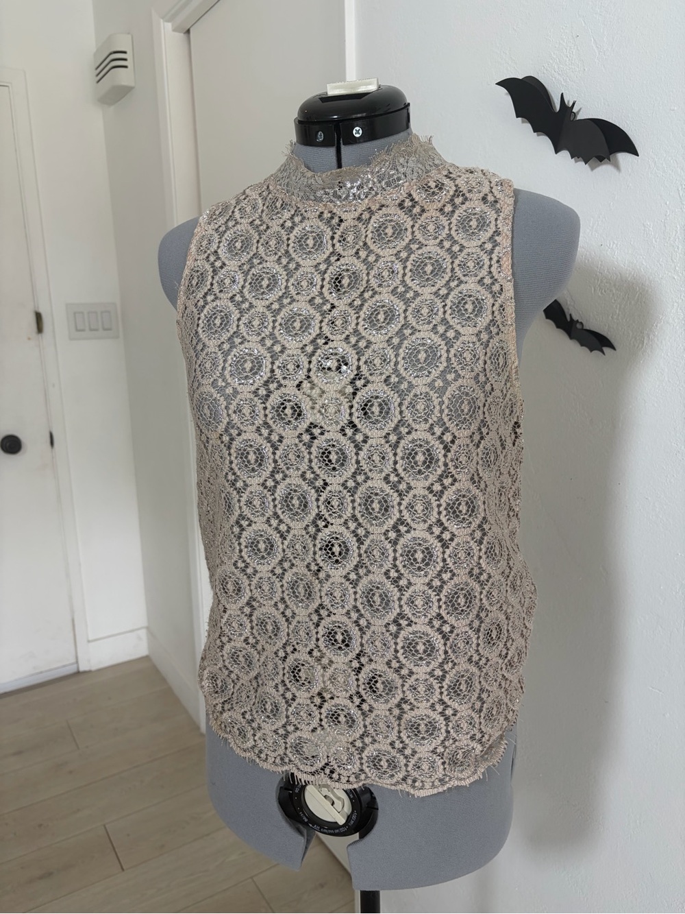 AQUA Metallic Lace Mock Neck Open Back Top Size S